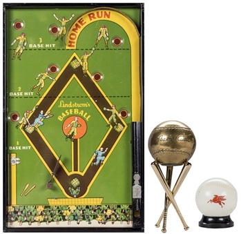 Lot of (3) Vintage Baseball Memorabilias Including Baseball Pin Ball Game, Brass Baseball and Mobile Glass Bank  